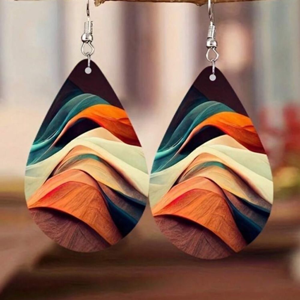 3for$20 1 Pair Double Sided Rainbow Print Water Drop Wooden Hook Earrings